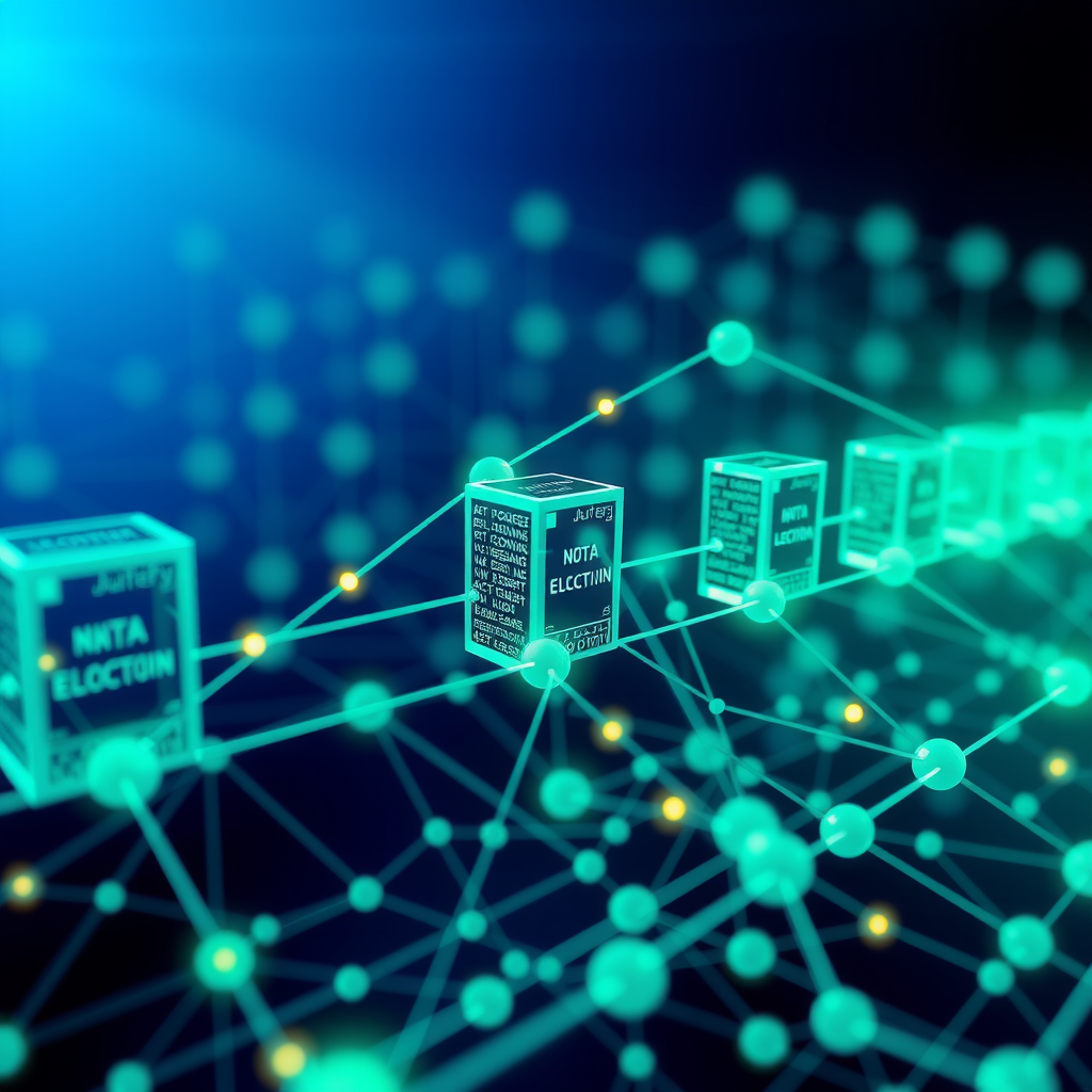 ブロックチェーン技術の視覚的表現。相互接続されたノードとデジタル台帳システムを示す、青緑色の配色で描かれた分散型ネットワーク図。暗号化されたデータブロックが鎖状に連結され、透明性とセキュリティを象徴する光のエフェクトが施されている。