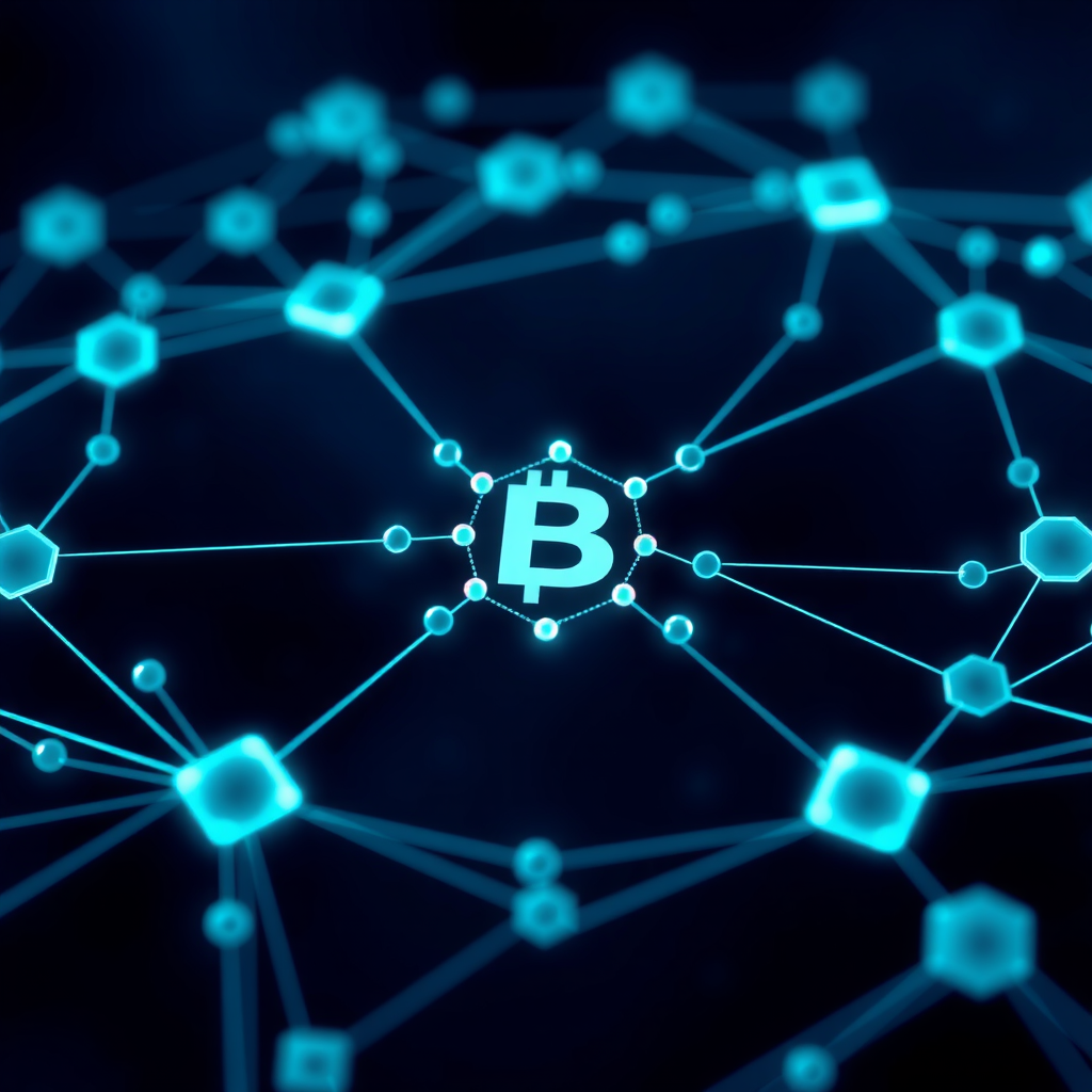 ブロックチェーン技術の視覚的表現：相互接続されたノードとデジタル台帳システムを示す抽象的なネットワーク図、青緑色の配色で分散型インフラストラクチャを表現