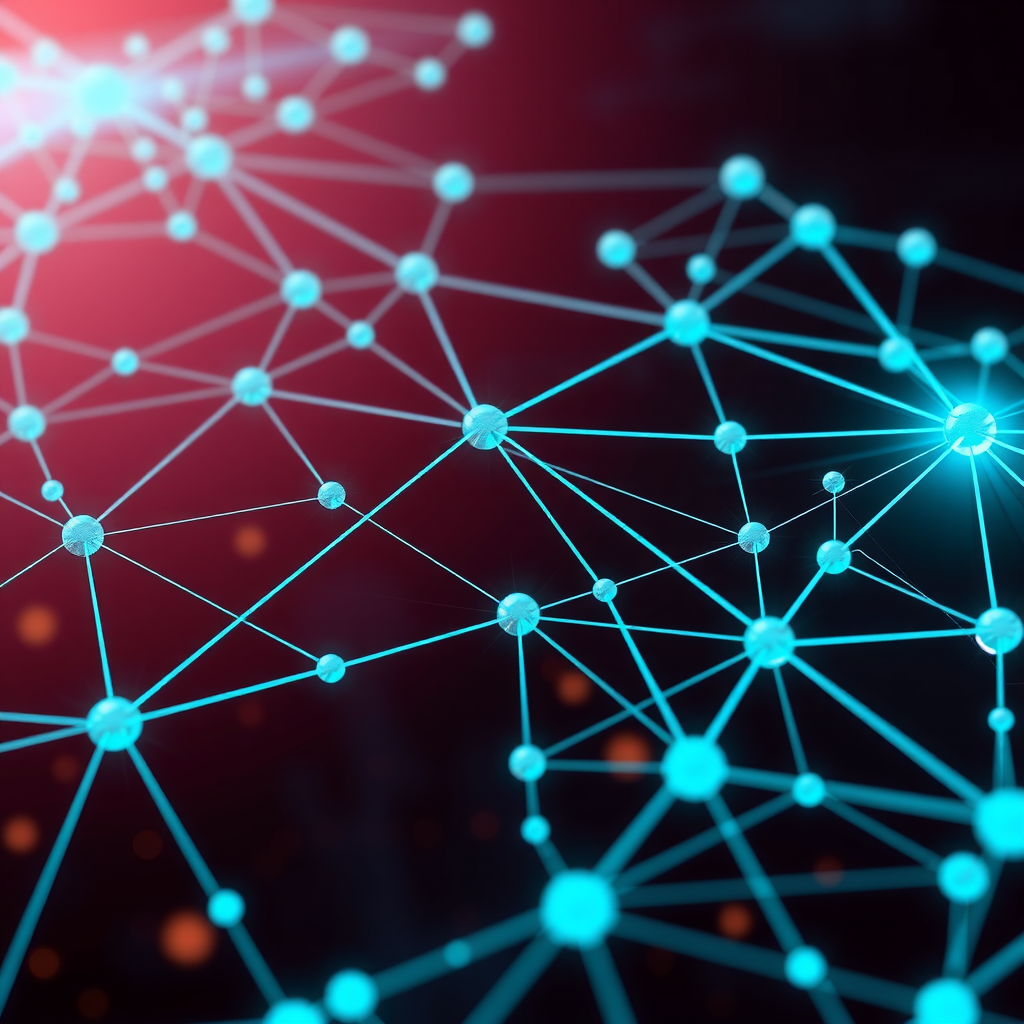 デジタルネットワーク上に接続されたブロックチェーンノードの視覚化。青緑色の光る線で相互接続された複数のノードが、分散型台帳システムの構造を表現している