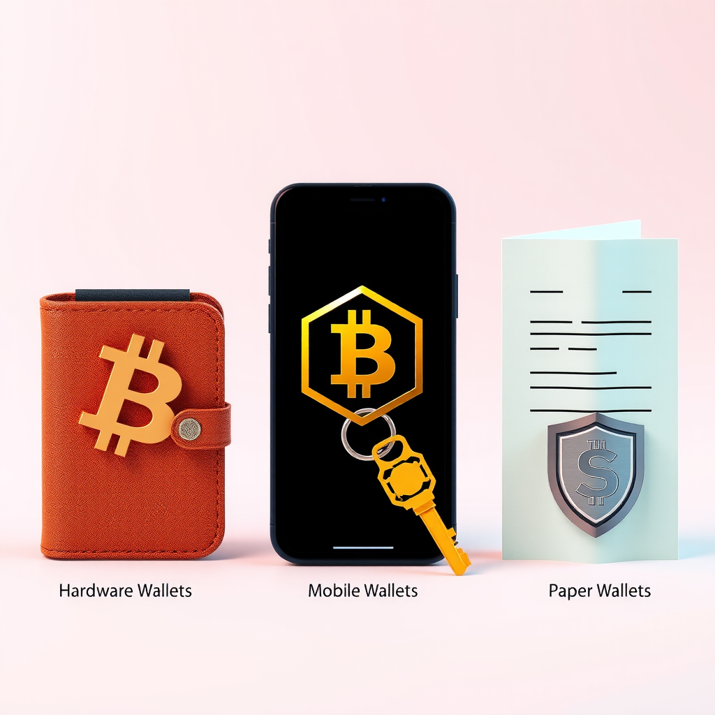 暗号通貨ウォレットのセキュリティを示す図。ハードウェアウォレット、モバイルウォレット、ペーパーウォレットが並び、デジタル資産の保護を象徴する鍵とシールドのアイコンが配置されている