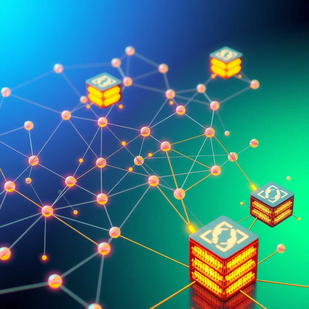 ブロックチェーンネットワークを表す相互接続されたノードとデジタルブロックの視覚化。青緑色の背景に、Proof of WorkとProof of Stakeの概念を象徴する抽象的なデジタル構造