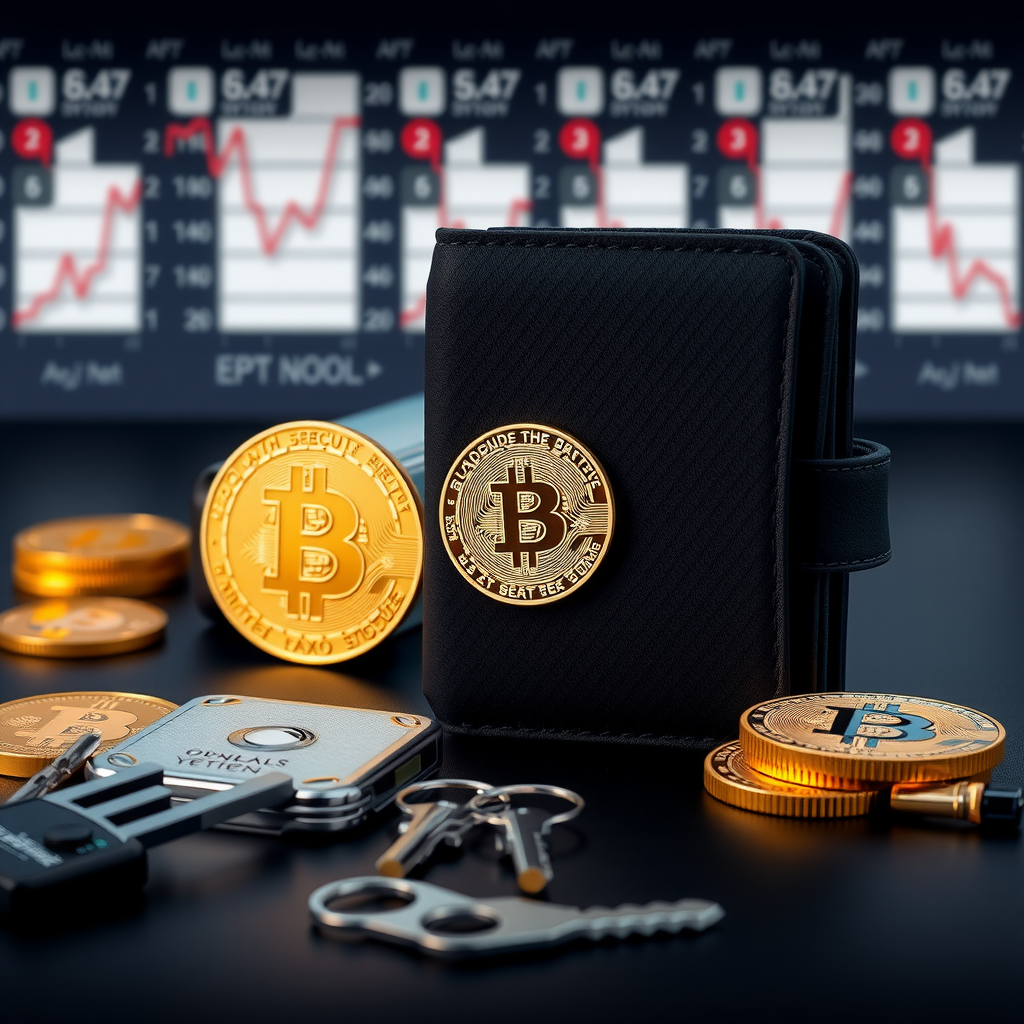暗号通貨ウォレットのセキュリティ：ハードウェアウォレットデバイス、デジタル鍵、コールドストレージソリューション、安全な資産保護を示すイメージ