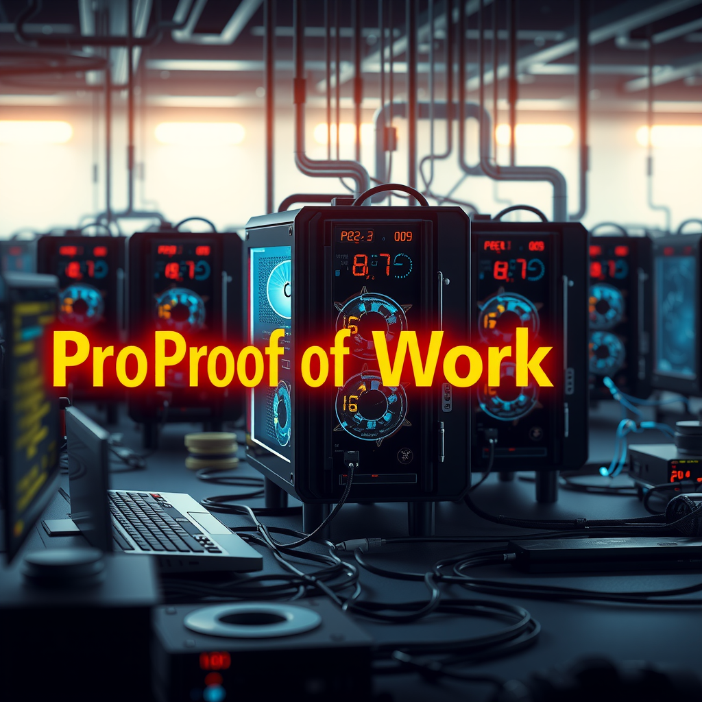 Proof of Workマイニングプロセスの図解。複数のコンピューターが計算を実行し、暗号化パズルを解いている様子。エネルギー消費と計算力を表す視覚的要素