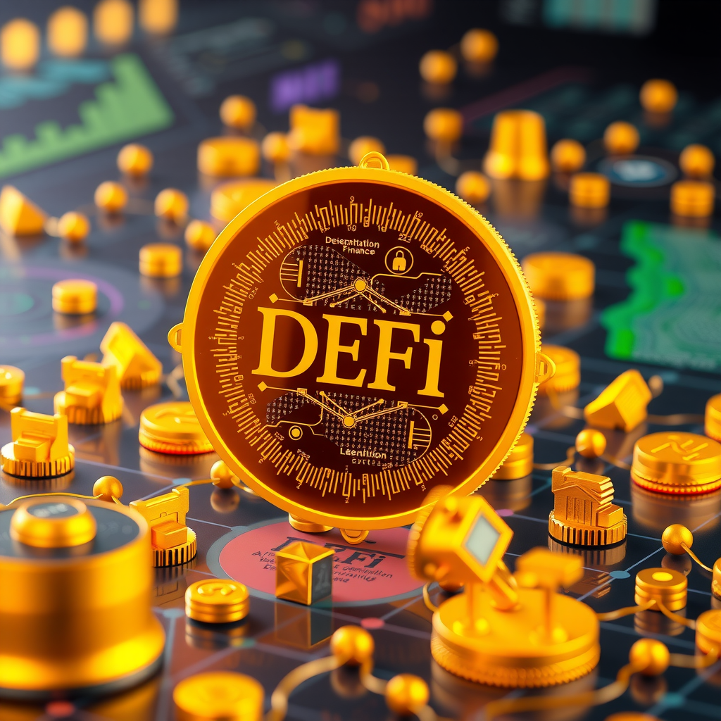 分散型金融（DeFi）とスマートコントラクトの概念を表現する未来的なイメージ。デジタル金融サービスのインターフェースと、自動実行されるスマートコントラクトのコードが視覚化されている。金色のアクセントカラーで描かれた、従来の銀行システムからブロックチェーンベースの金融エコシステムへの移行を象徴する図。流動性プール、レンディングプロトコル、分散型取引所のアイコンが配置されている。
