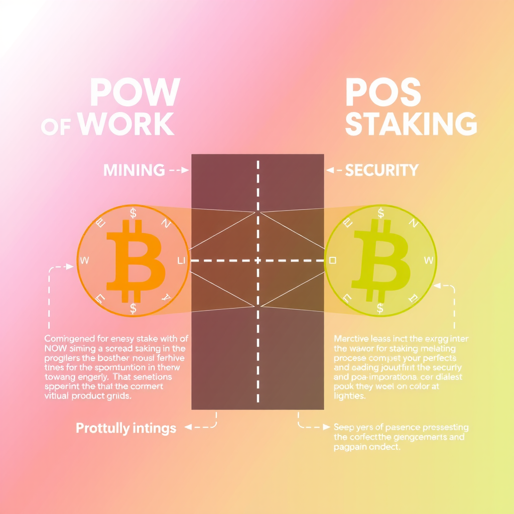 プルーフ・オブ・ワークとプルーフ・オブ・ステークの比較図。左側にPoWのマイニングプロセス、右側にPoSのステーキングプロセスを示す図解。エネルギー消費量とセキュリティレベルの違いを視覚的に表現