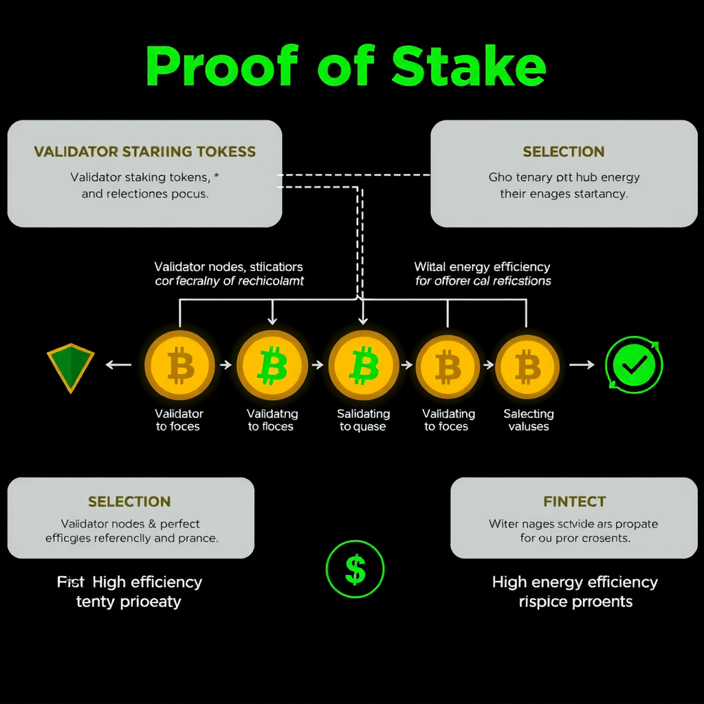 Proof of Stakeバリデーションプロセスの図解。トークンをステーキングしているバリデーターノードと、選択プロセスを表す視覚的要素。エネルギー効率の高さを示すグリーンな要素