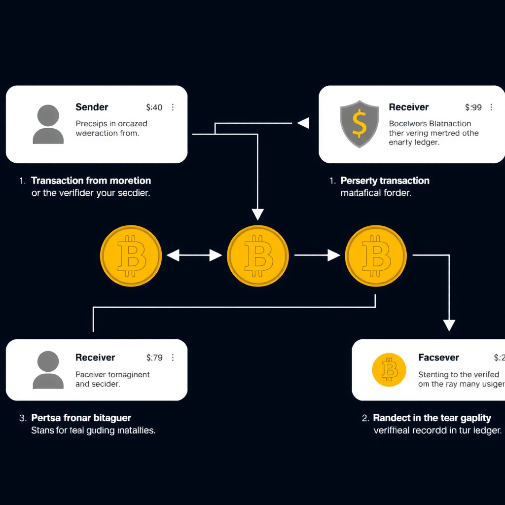 暗号通貨取引の流れを示す図。送信者から受信者への取引が、ブロックチェーンネットワークを通じて検証され、台帳に記録されるプロセスを段階的に表現した図解