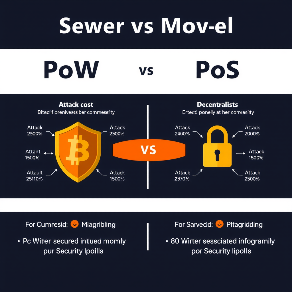 PoWとPoSのセキュリティモデルを比較する図表。攻撃コスト、分散化レベル、脆弱性のポイントを視覚的に比較。盾とロックのアイコンを含む