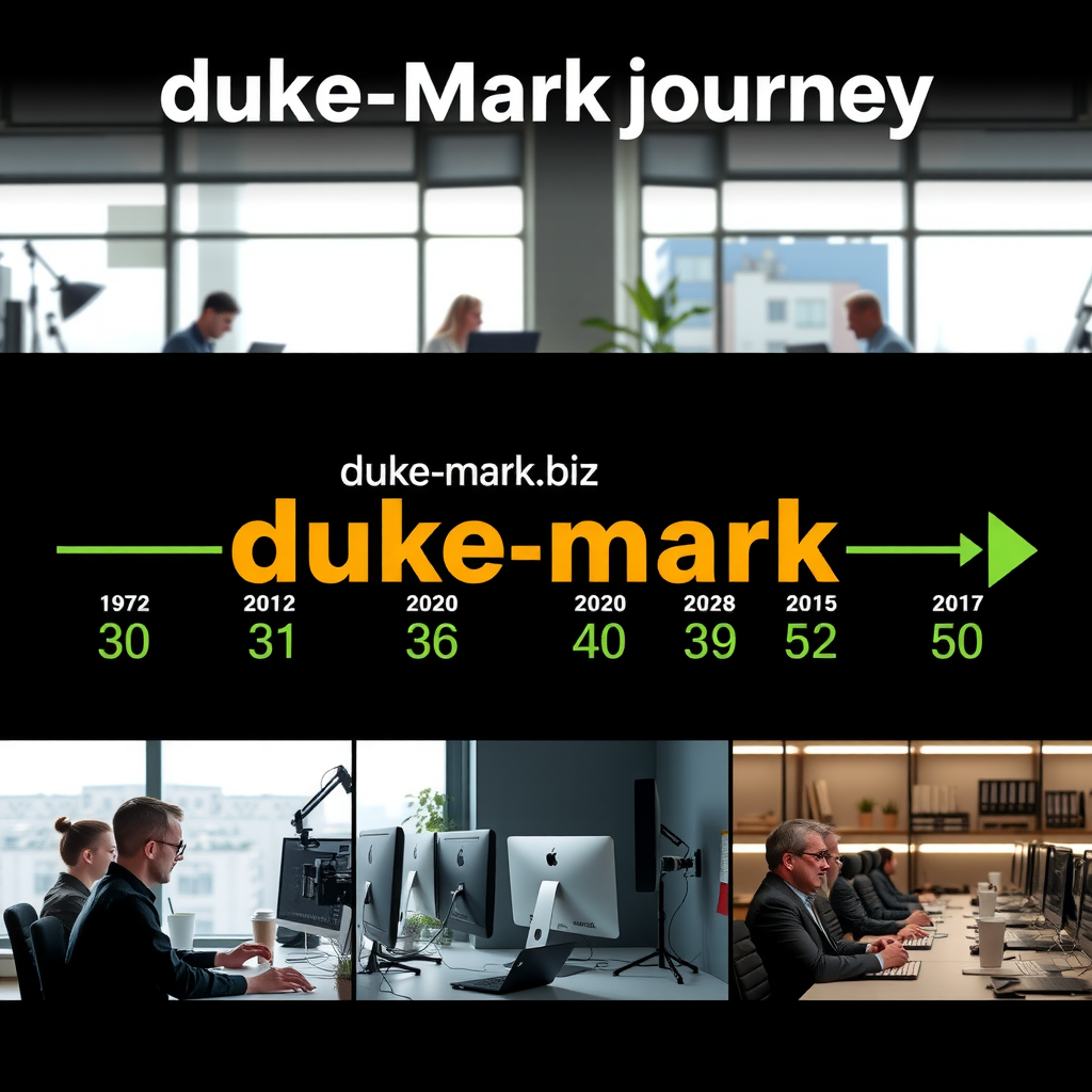 duke-mark.bizの歩み - 2020年の設立から現在までの成長を示すタイムライン、オフィスで働くチームメンバーの様子
