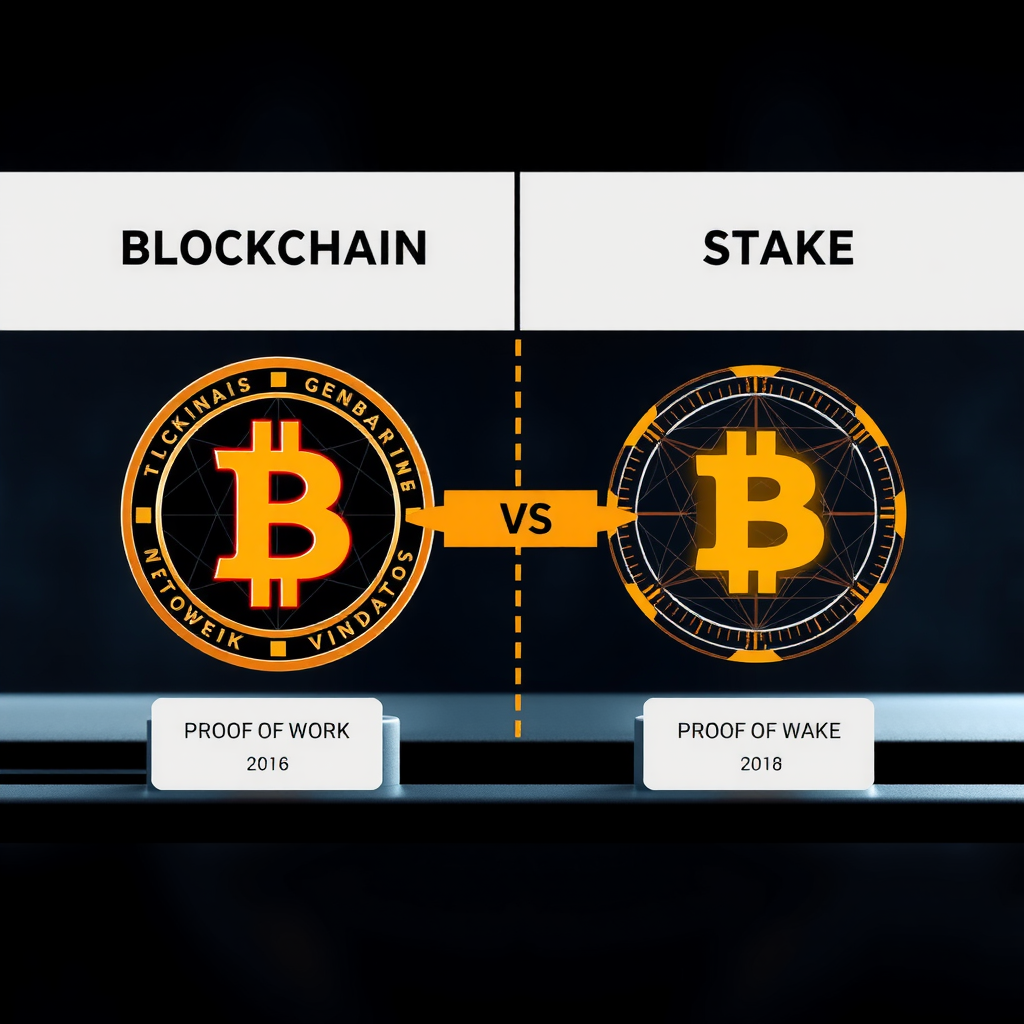 ブロックチェーンコンセンサスメカニズムの比較：プルーフオブワークとプルーフオブステークの視覚的表現、ネットワーク検証プロセス、マイニングとステーキングの概念
