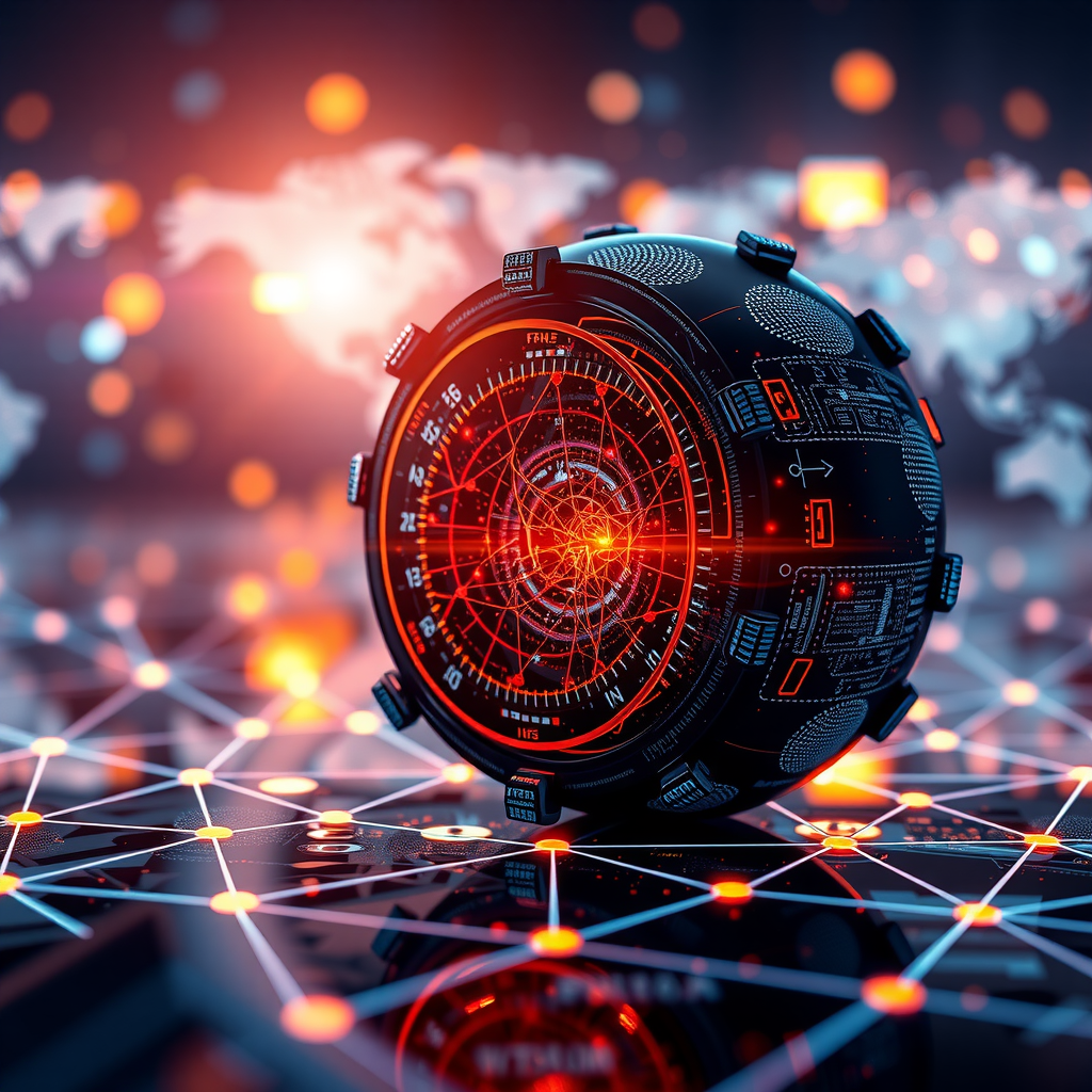 ブロックチェーン技術の未来を象徴する画像。デジタルネットワーク、グローバルな接続性、革新的な技術の融合を表現した未来的なビジュアル